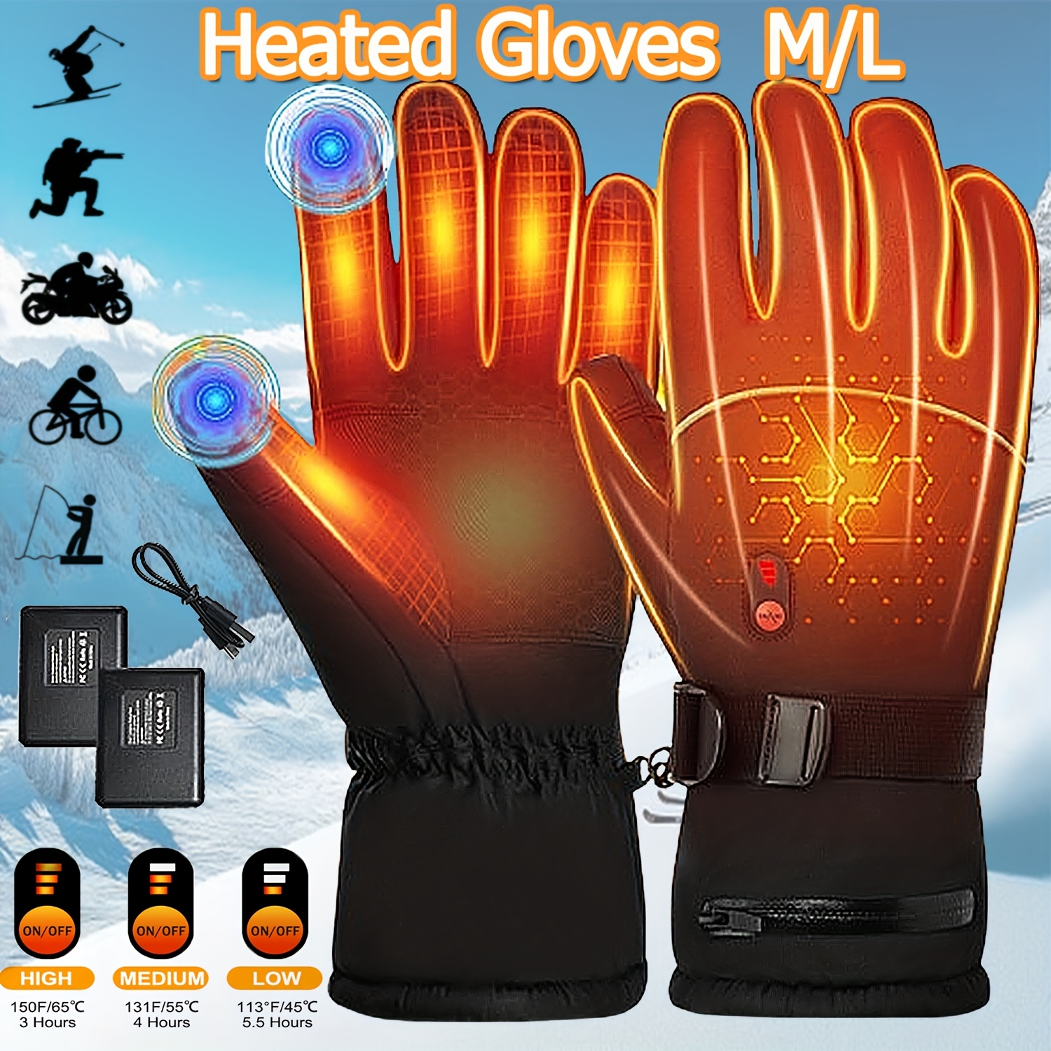 TEMU Chauffe-mains, Gants Chauffants, Gants d'Hiver pour Hommes et Femmes, Gants Chauffants Rechargeables avec 2 Piles, Gants Électriques, Gants