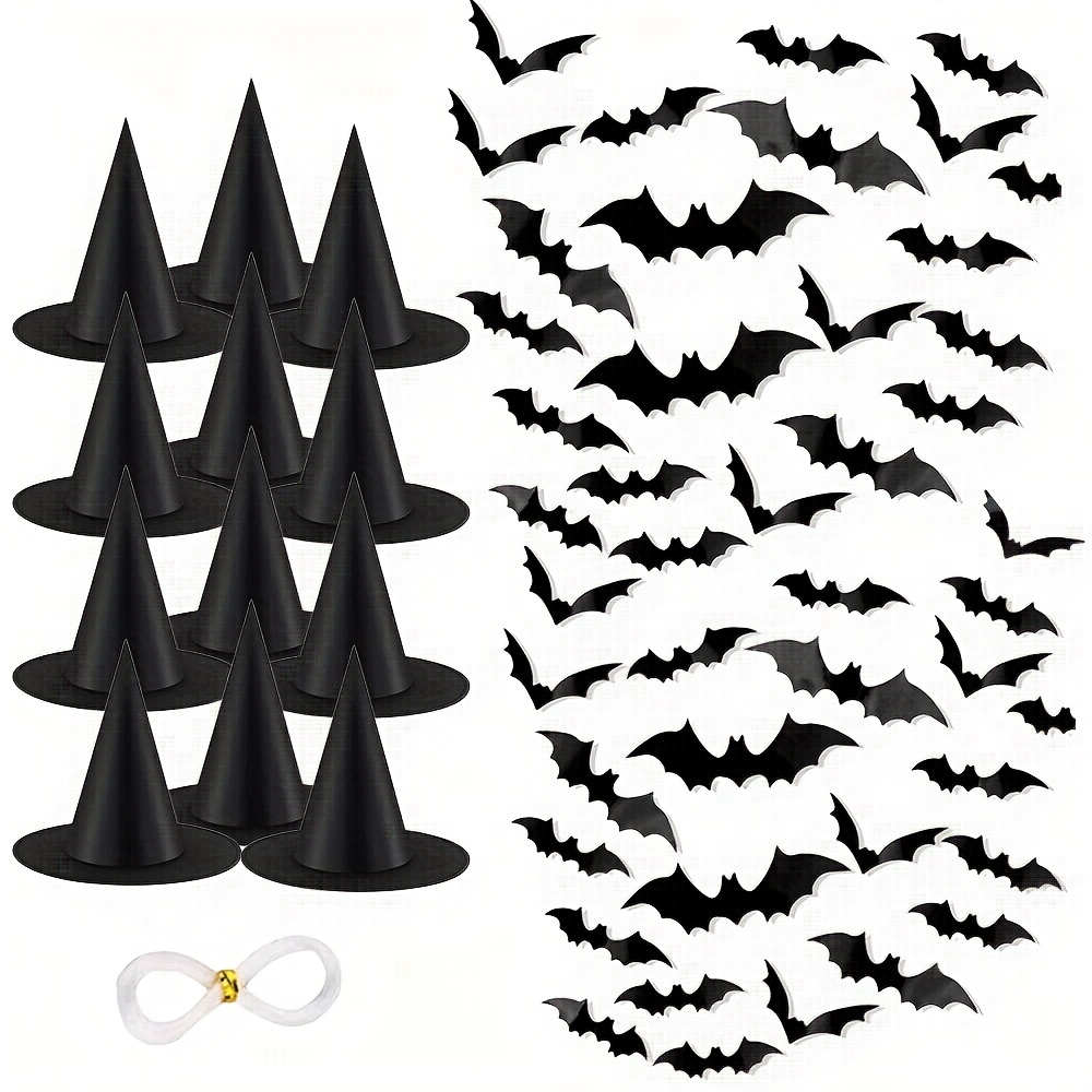 TEMU 12pcs Black Hanging Witch Hats, And 120pcs Bat Wall Decor, Halloween Witch Costume Additions With Nylon Rope, Indoor And Outdoor Party