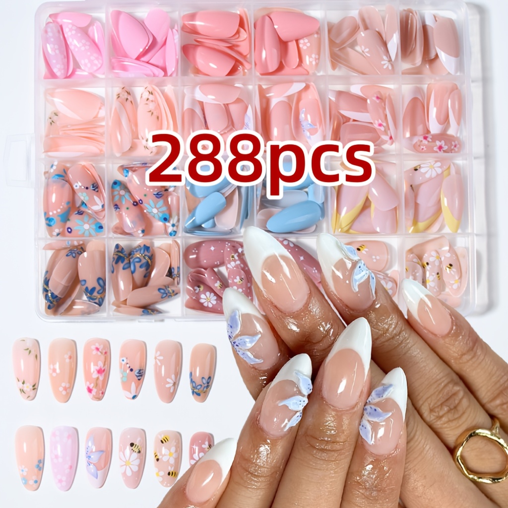 288pcs Full Coverage Medium Almond Nail Flower Minimalist Style Combination Set False , Makes Skin Look Fairer, Detachable, Press-on Nails, Y2k Nails, Enhances Temperament
