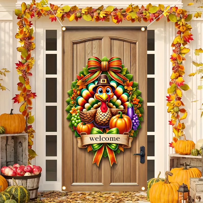 

1pc, Thanksgiving Turkey Wreath Welcome Door Cover Flag, Polyester Fiber, Outdoor Party & Garden Decoration, Easy To Hang, No Power Required, 35.43x70.86 Inches, Yard & Lawn Ornament