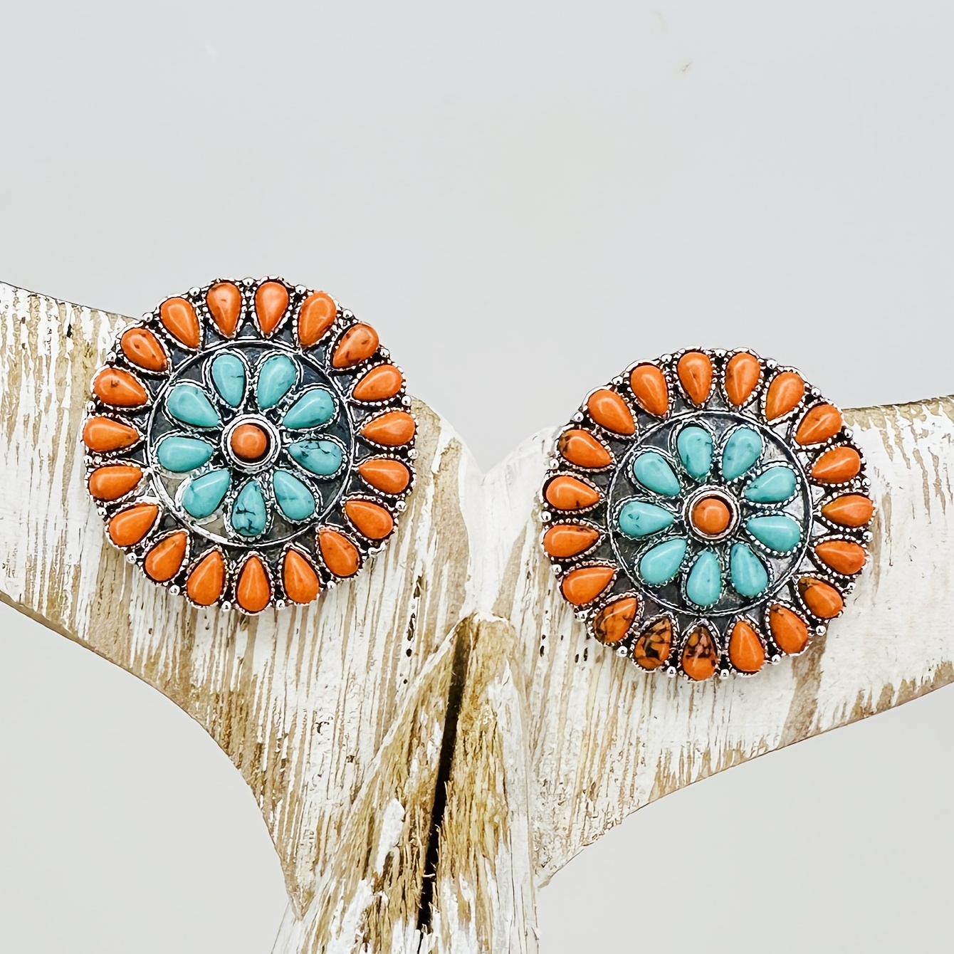 

[1 Pair Vintage Turquoise Earrings] 1 Pair Vintage Style Round Stud Earrings, Zinc Alloy With Synthetic Turquoise & Orange Accents, Stainless Steel Posts, For & Gifting