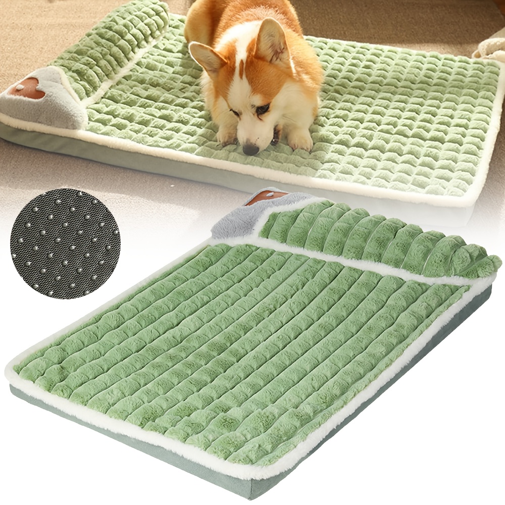 

1pc Plush Dog Bed Mat With Detachable Pillow, Non-slip & Washable - Comfortable Green & Gray Quilted Pet Sleep Pad For All Dog Breeds