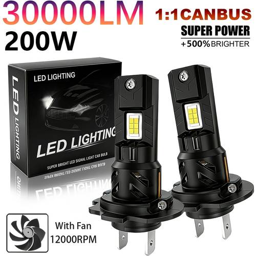 2pcs h7 led car light 30000lm auto light 200w csp 1 size high beam low beam 12v h7 car led headlight bulbs with fan applicable aluminum material without battery