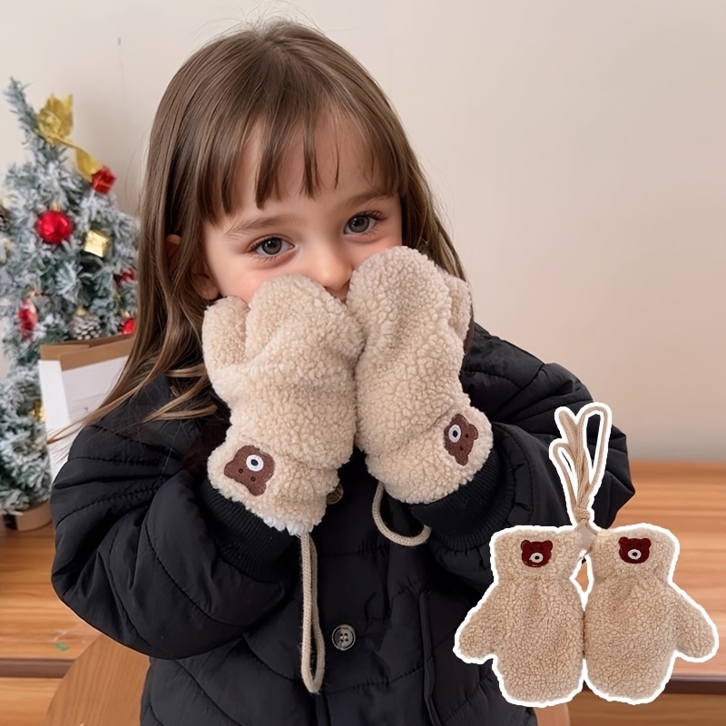 Image of 1-pair Pack Children's Gloves, Autumn/winter Thickened Plush Neck-loop Gloves For Boys And Girls, Cartoon Bear Baby -resistant Mittens, Suitable For Daily Wear And , For Children Around 3 Years Old