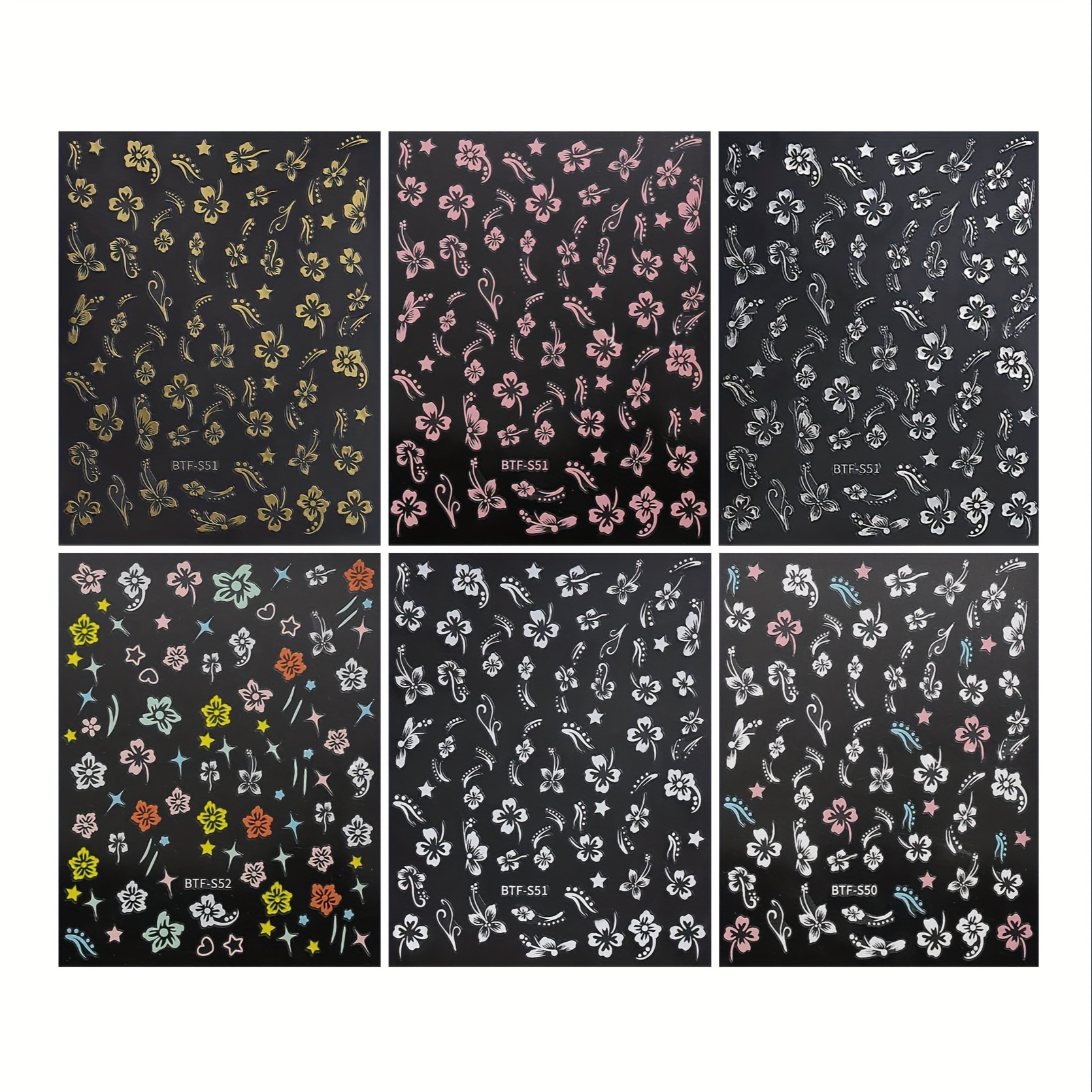 Image of Set Of 6 Floral Nail Stickers Featuring Hibiscus Designs, Including 3d Self-adhesive Decals In White, Pink, And Golden. Perfect For Summer-themed , Tropical Nail Additions Are Ideal For Women And