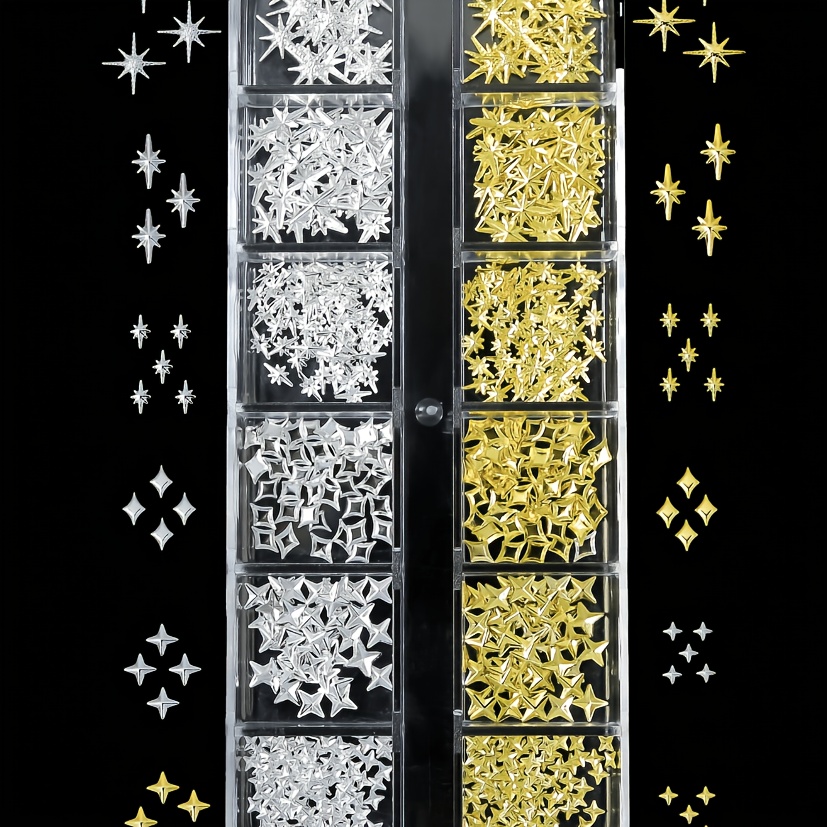 TEMU 1 Boîte (12 pièces et plus) Strass et breloques métalliques dorés 3D pour ongles des mains et des pieds - d', , de cœur, de triangle, de rivet