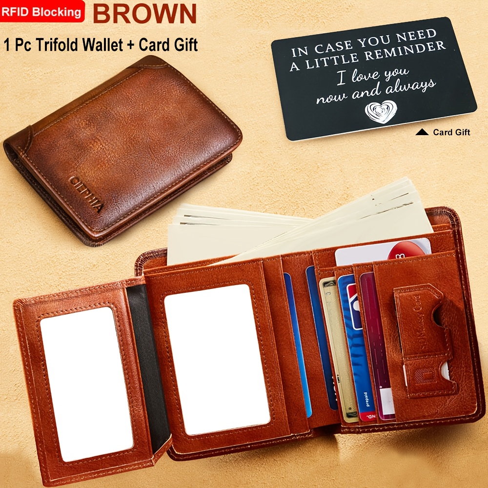 TEMU [rfid Leather Wallet] Father's Day Gifts For Men, Rfid Blocking Trifold Genuine Leather Wallets For Men - Top Layer Cowhide Vintage Short Multi