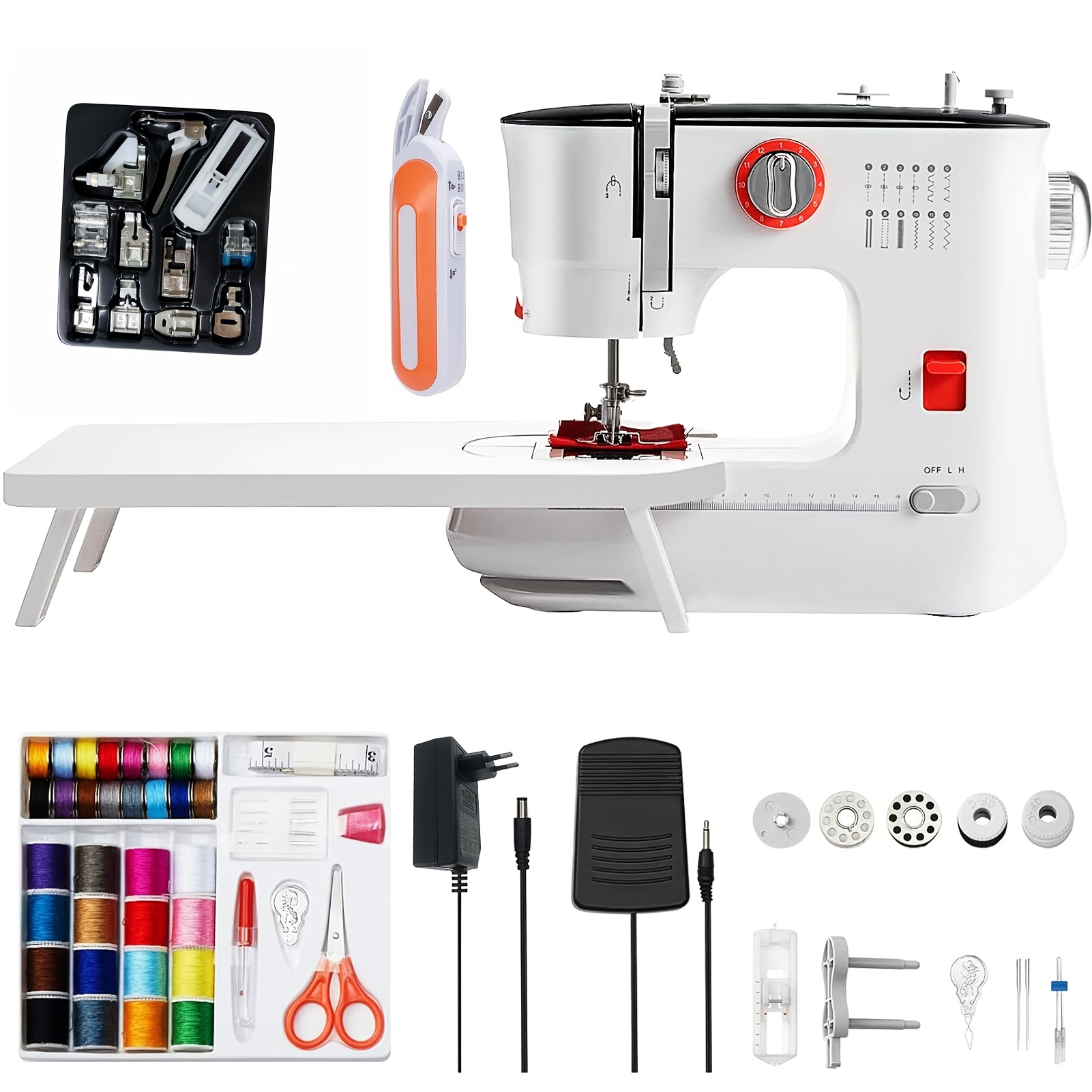 E-shop 519 Nähmaschine, elektrische Nähmaschine für Anfänger Kinder, 12 Stichprogramme, Schwenkarm, Nählicht & elektrischer Fußschalter, EU-Stecker