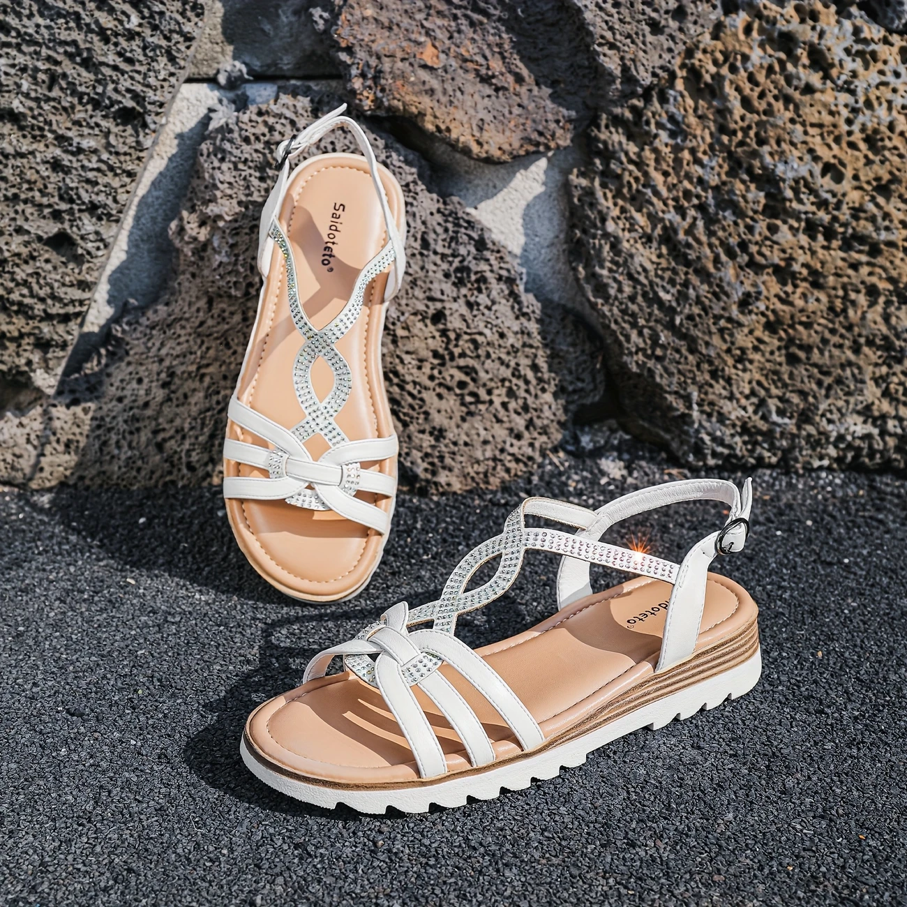 womens wide fit flat sandals casual open toe strappy slip on with sparkling rhinestones adjustable strap soft cover eva cushioned sole for summer dressy or casual wear durable tpu insole strappy sandals 1