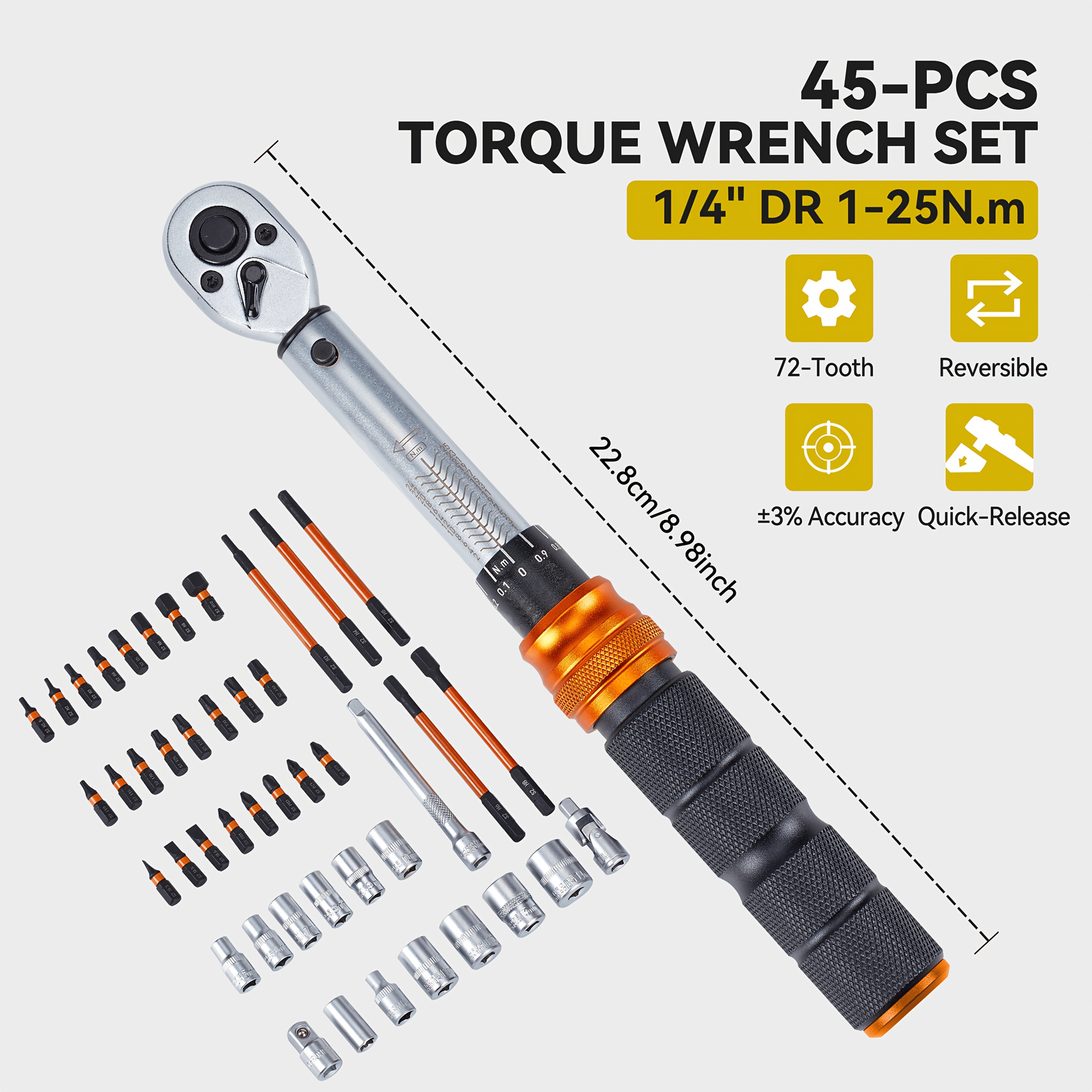 Image of 1/4" Drive Torque Wrench Set 1-25 Nm, 45pcs Wrench Kit With Bits & Sockets, 72-tooth , Compact Portable Design For Road, Mountain (mtb), E-bike & Carbon Fiber