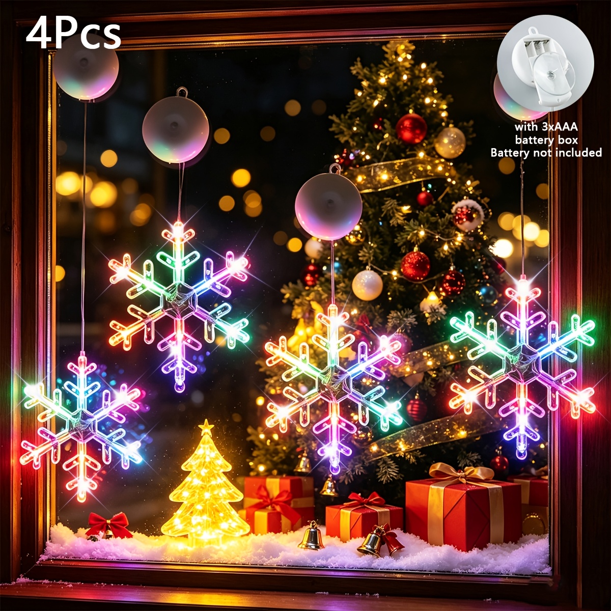 TEMU 4pcs, Snowflake Suction Cup Lights, Party Packs, Christmas Decorations, Window Lights, Warm White & Multicolor, Autumn, Winter Decor, Battery