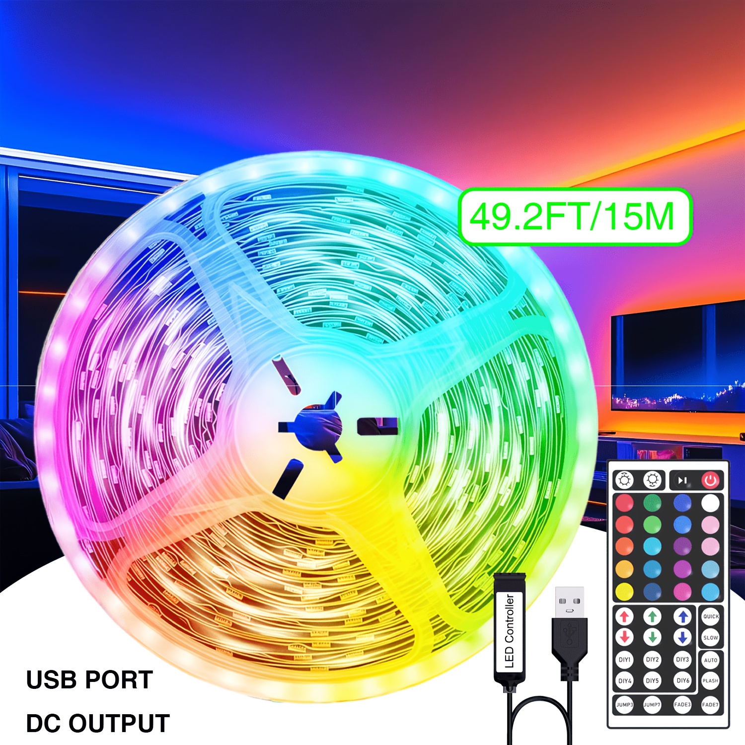 TEMU Nbbuff 16.4ft-49.2ft Rgb Color Led Strip Lights, With A 44-key Remote Control, Cuttable For Installation, 45led/m, Suitable For Game Rooms,