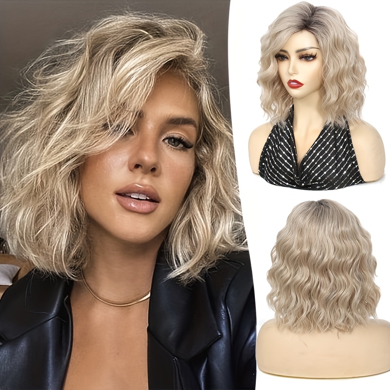 TEMU 14-inch Ombre Blonde And Brown Wigs Designed For Women - Shoulder-length Curly Wave Wig With A Middle Part, Wavy Bob Made From Synthetic