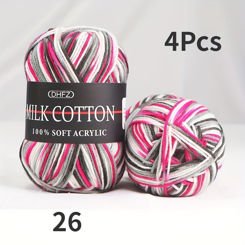 4pcs Gradient Milk Yarn, 3-ply Soft Acrylic Blend For Knitting & Crochet - Vibrant Colors Including Magenta, Navy Blue, Fuchsia, Cream, Pink, Red, Multicolor, Watermelon Red, Black - 200g