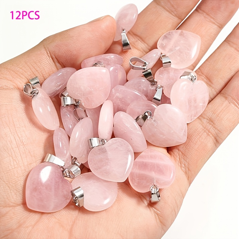 TEMU 12pcs Pendentifs en Cristal de Quartz Rose Naturel de Cœur, Breloques de Cœur de Quartz Rose, Convient pour la Fabrication de Bijoux de Collier