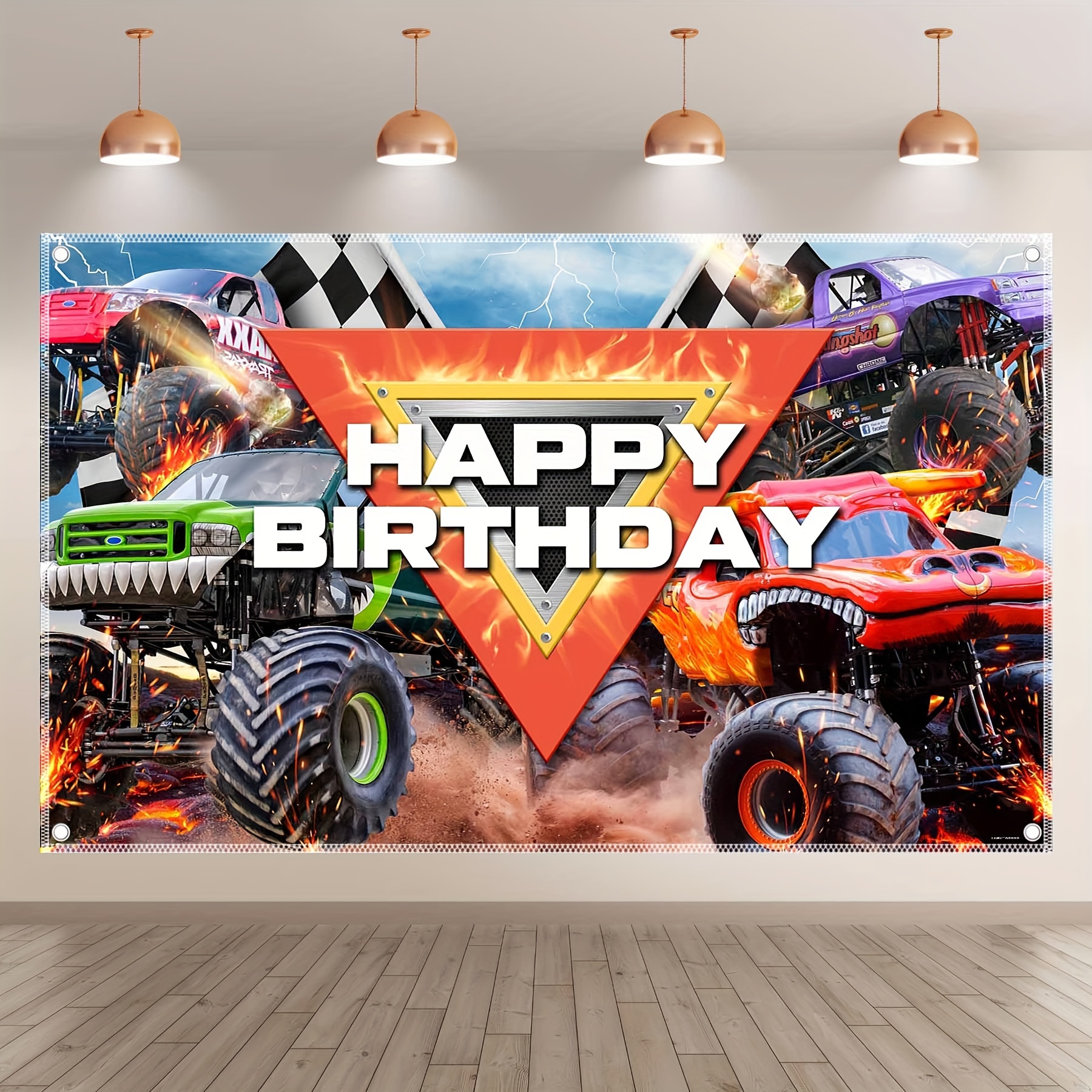 

Uufelice Premium Polyester Monster Truck Flame Birthday Party Backdrop, 72x43 Inch, Racing Car Theme Happy Birthday Banner, Washable & Ironable Photo Background With Hemmed Edges For Party Decoration