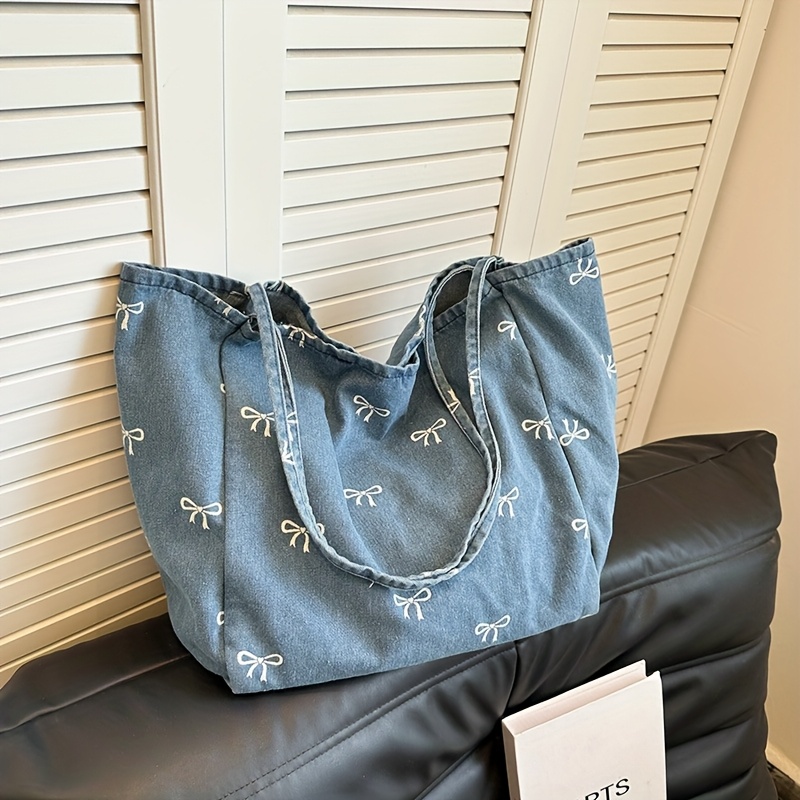 

Women's Chic Blue Denim Tote Bag With White Bow Accents - Sweet Shoulder Bag, Handwash, Paint