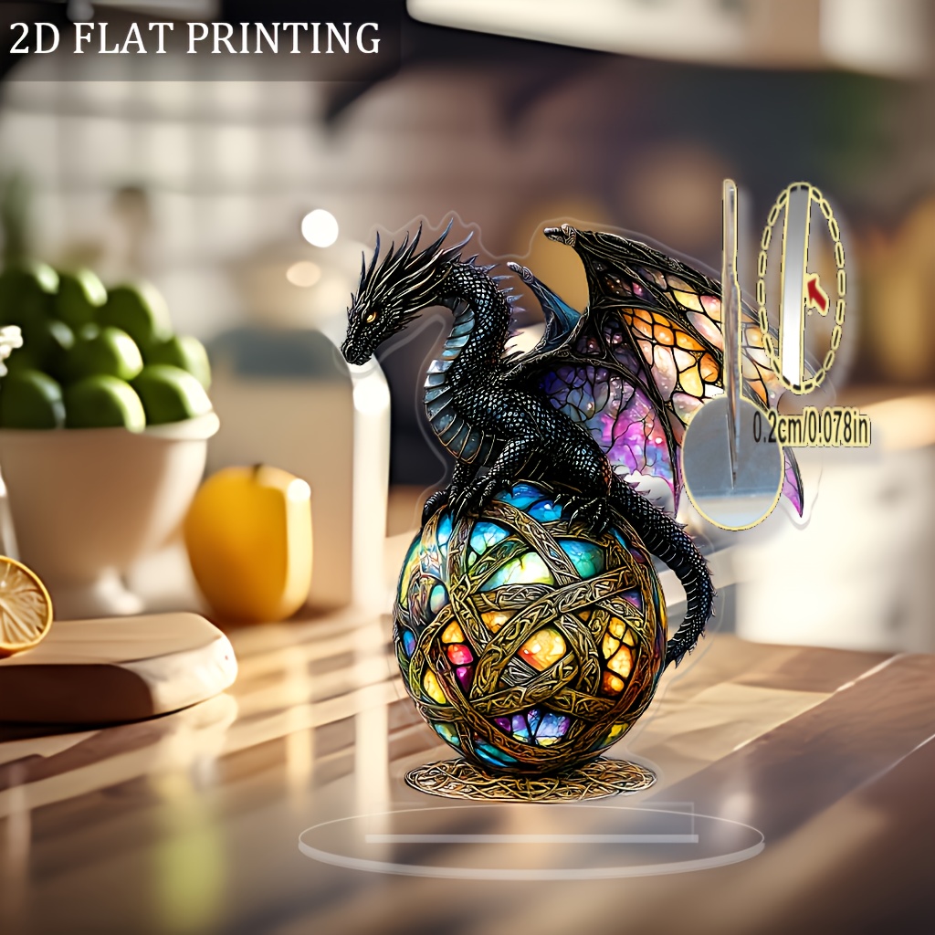 TEMU 2d Flat Gothic Fantasy Stained Dragon Statue - Vintage Style Desktop Decor, Family Theme, , No Electricity Needed, English Text, 2d Flat