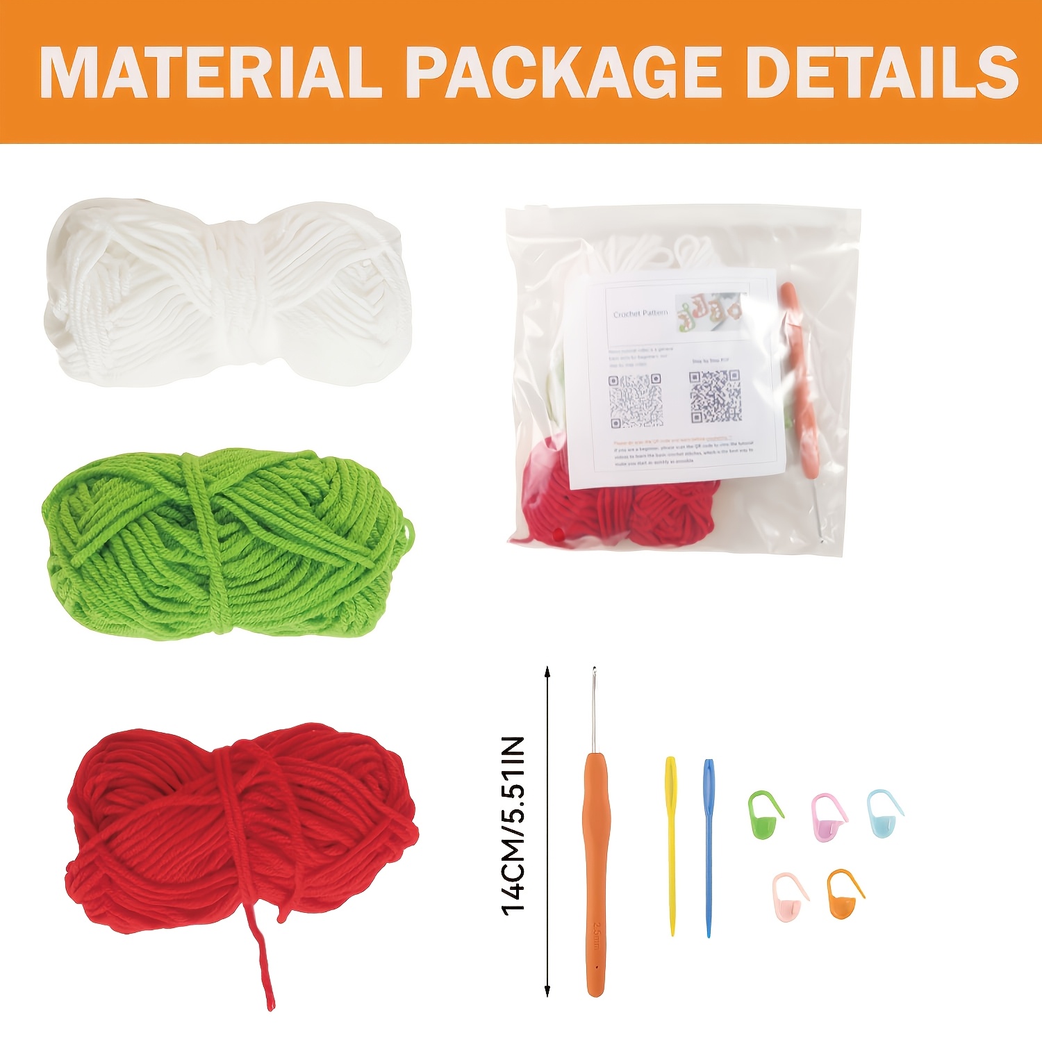 Christmas Stocking Crochet Kit - Beginner Crochet Kit, Complete Diy Craft Set With Video Tutorial, Decor Ornament, Light Brown/white/red/green, Crochet Supplies
