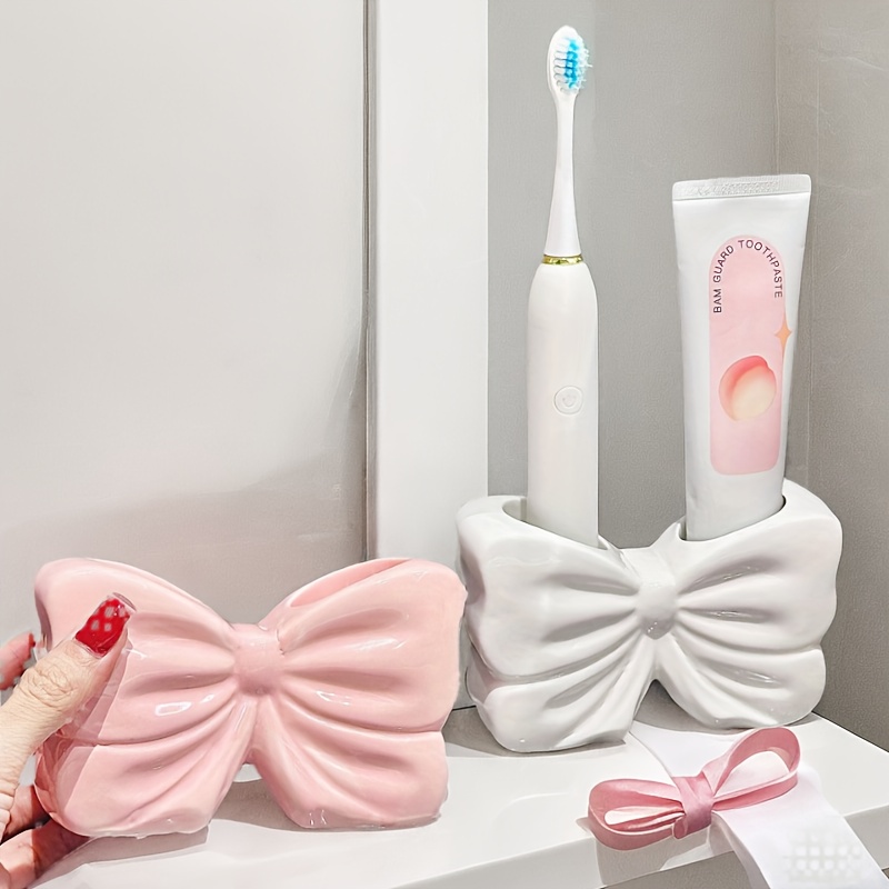 

Bowknot Ceramic Toothbrush Holder - Portable, No-drill Bathroom Organizer For Toothbrushes & Toothpaste, For Return School