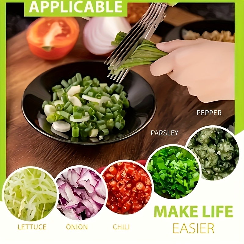 5-Layer Heavy-Duty Stainless Steel Kitchen Scissors - Multifunctional Onion & Herb Chopper with Protective Cover & Built-in Cleaner, 304 Blades & Plastic Grip - One-Handed Operation for BBQ, Slicing Vegetables, Meat (Lock
