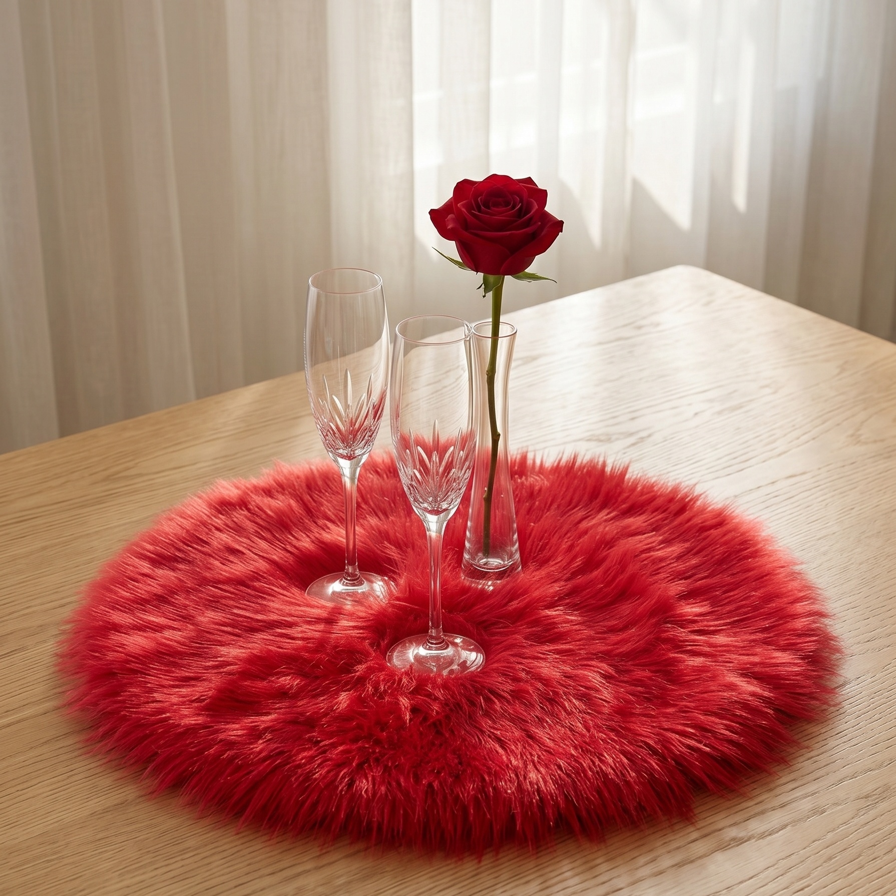 TEMU 1pc Round Large Dark Red Long-hair Imitation Wool Plush Rug, Living Room Coffee Table , Bedroom Bedside Thickened Warm Non-slip Floor Mat,
