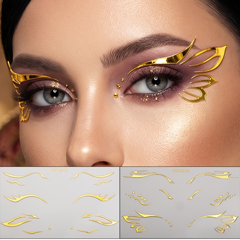 Image of 2pcs 3d Golden Eyeliner Stickers For Face - Bright Metallic Wing Pattern, Ideal For Party Cosplay And Music Festival Body Art, Vacation Makeup, Rave Additions, Holiday Corner Decor
