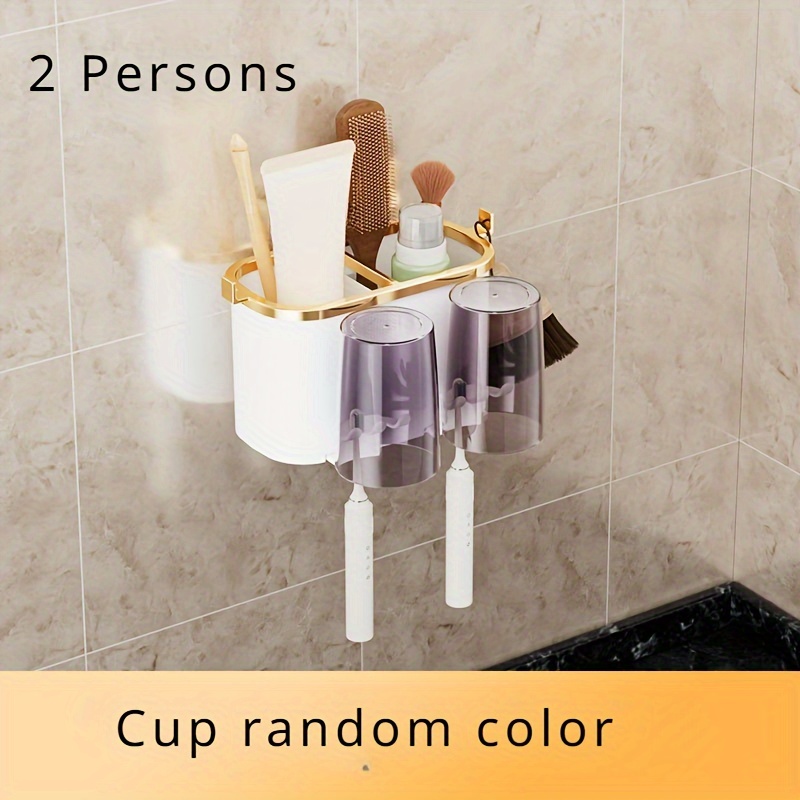 TEMU 4-person Wall-mounted Toothbrush And Mouthwash Cup Holder Set - Porcelain Multi-functional Bathroom Organizer, Space-saving, All-in-one Design