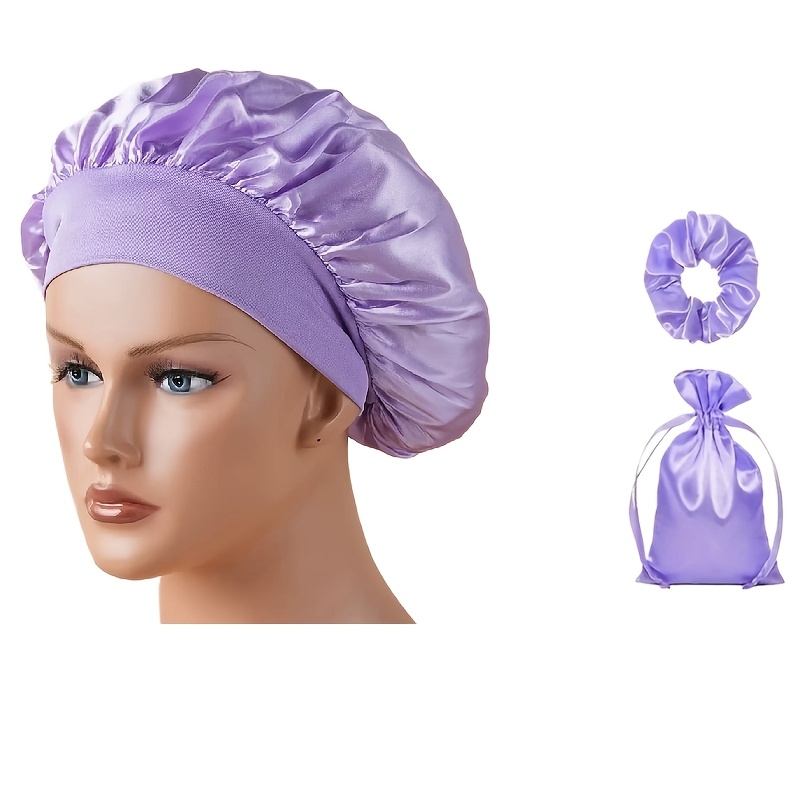 TEMU 3pcs Satin Bonnet Set, Sleep With Wide Elastic Band + Hair Scrunchie + Storage Bag, Hair Protection For Curly Hair, Christmas Gift For Women