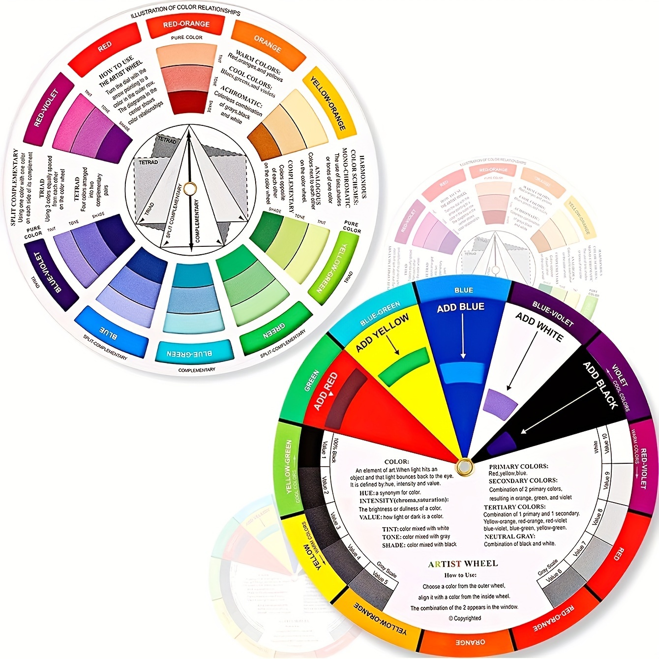

2-pack Color Wheel Mixing Guide 5.2 Inch - Art Teaching Tool For Paint Blending And Makeup Color Mixing - Durable Glossy Paper With 360° Rotate Design