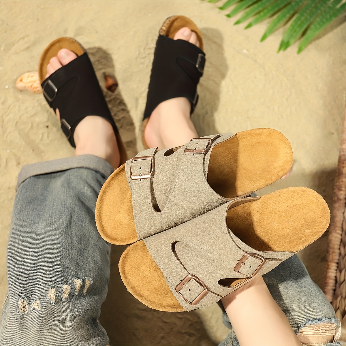mens adjustable double   slide sandals casual beige upper with brown sole non slip durable for indoor outdoor use details 4