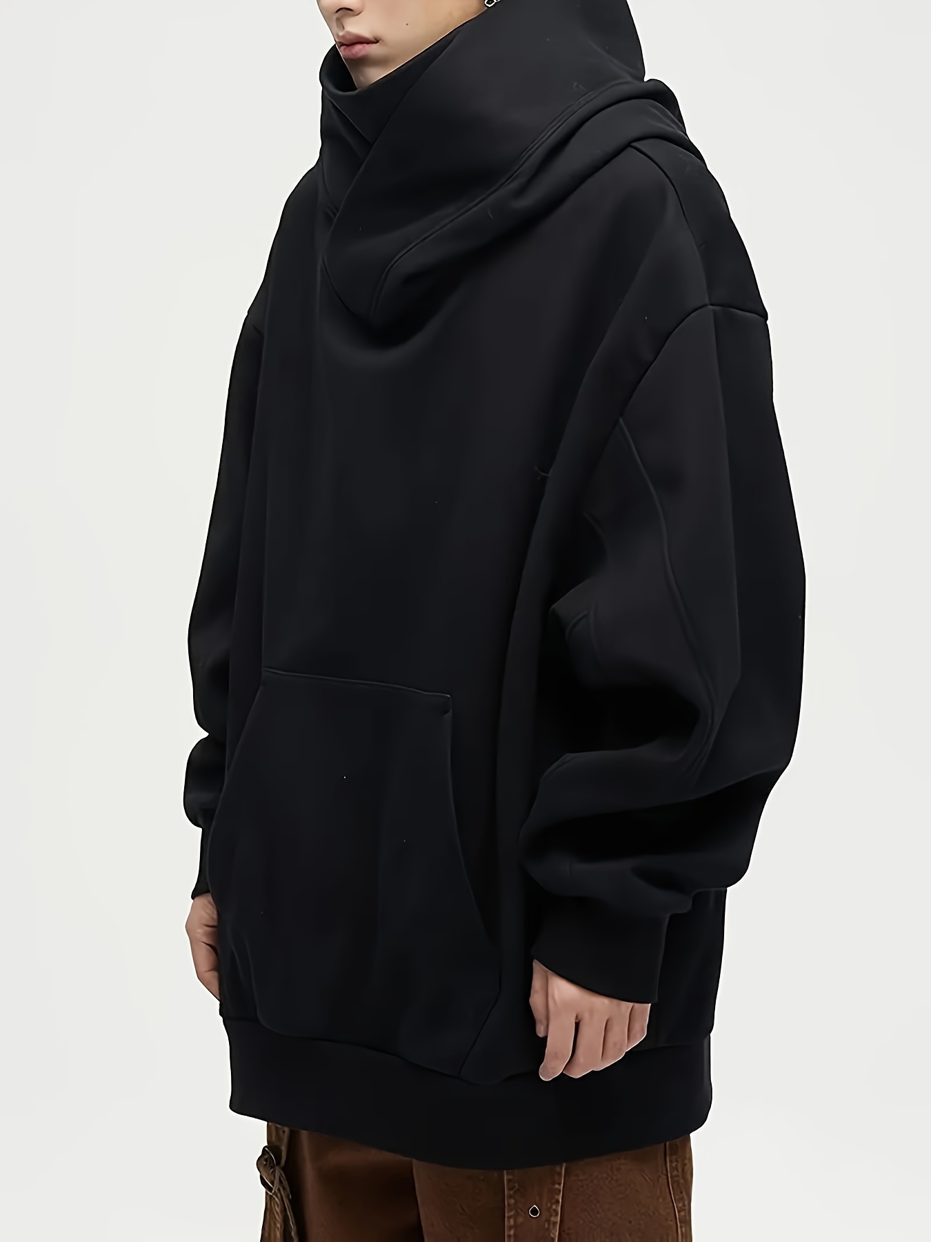 mens hooded sweatshirt winter thickened composite fabric high neck casual pullover with pockets oversized long sleeve breathable knit for outdoor daily   0