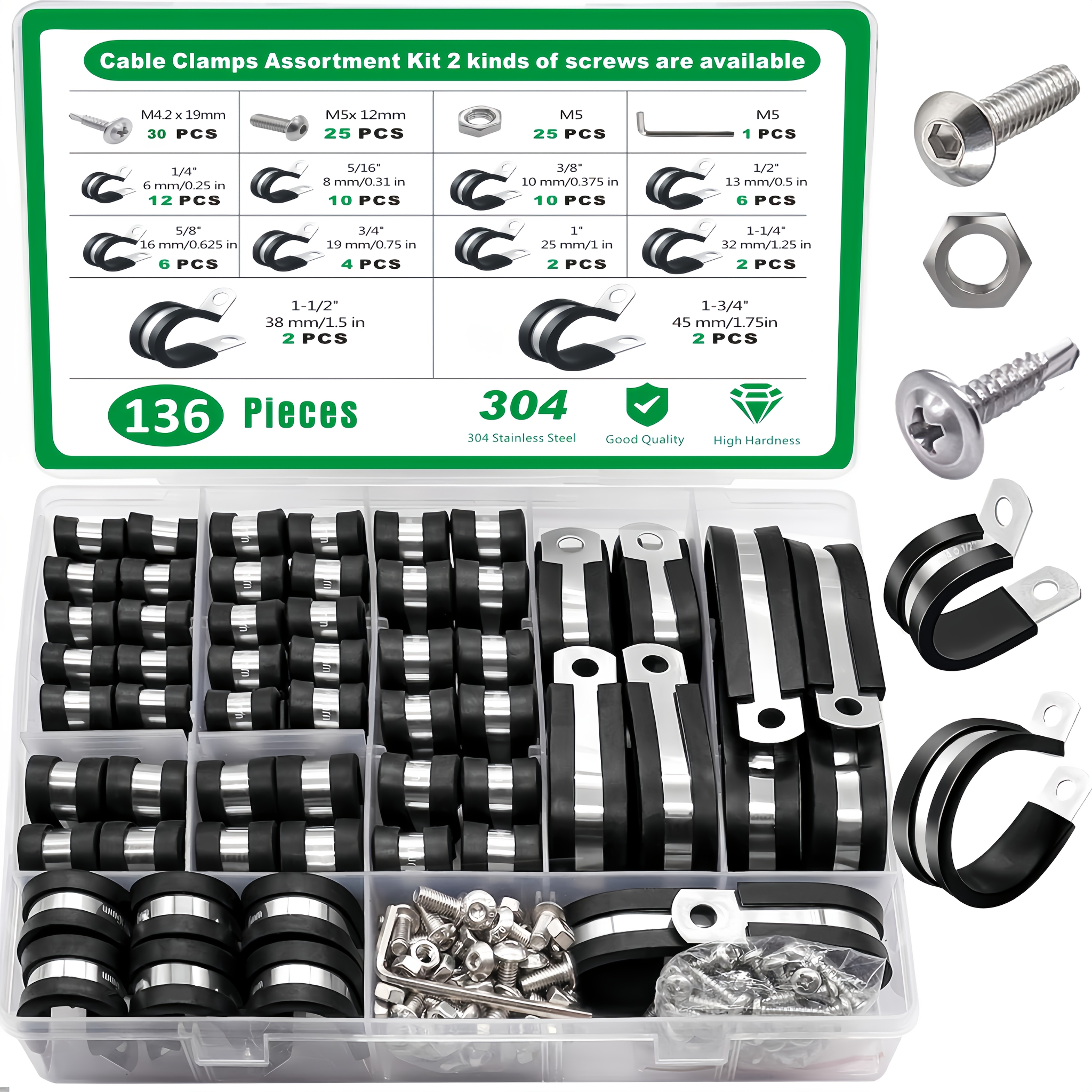 136pcs Cable Clamps Assortment Kit 304 Stainless Steel Rubber Cushion Pipe Clamps 10 Sizes 1/4" 5/16" 3/8" 1/2" 5/8" 3/4" 1" 1-1/4" 1-1/2" 1-3/4" Metal Wire Clamps (with 2 Kinds Of Screws)