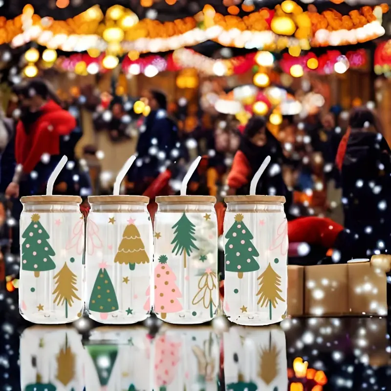4pcs 550ml christmas tree glass with lid and straw home office cup tea beer milk cup Product details 2