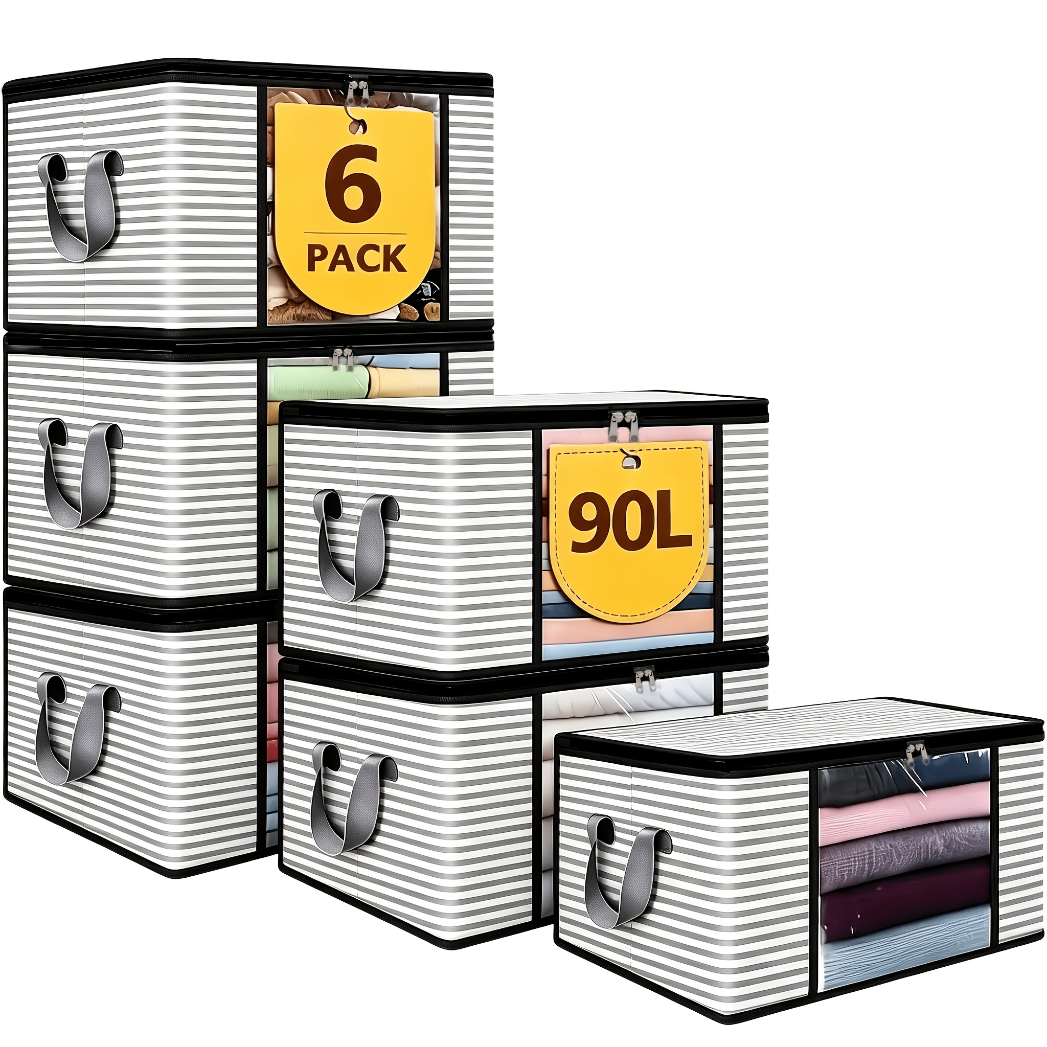 TEMU 6pcs 23.78 Gallon Extra Large Gray Striped Storage Bags With Zipper And Cover - Foldable Durable Clothes Organizer Bags, Suitable For Bedding,