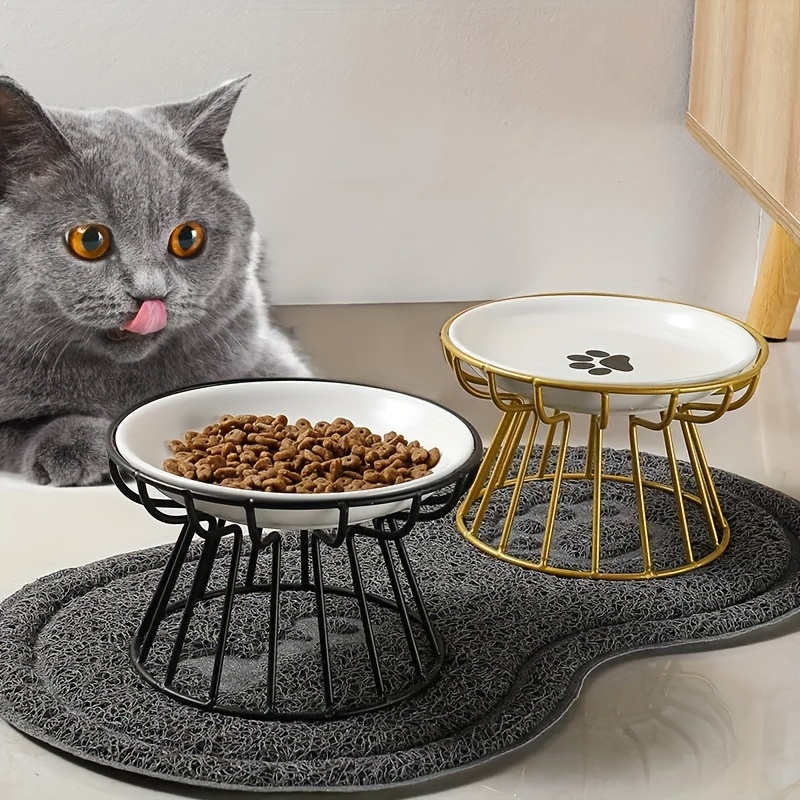 Ceramic Cat Bowl with Paw Print Fishbone Pattern Anti-Slip Pet Food and  Water Dish Elevated Wide Mouth Design for Indoor Cats Easy to Clean