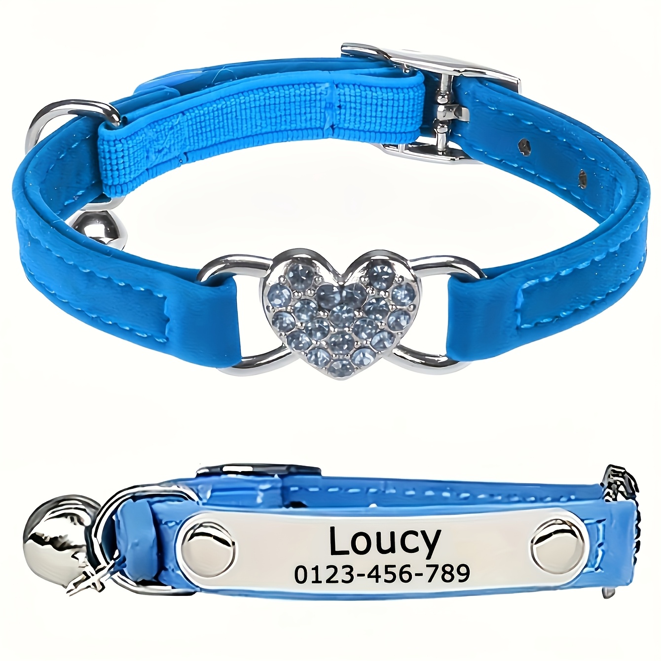TEMU Personalized Adjustable Cat Collar With Faux Diamond Heart Pattern - Breakaway Pet Necklace For Puppies, Custom Name, Phone, Address - Essential