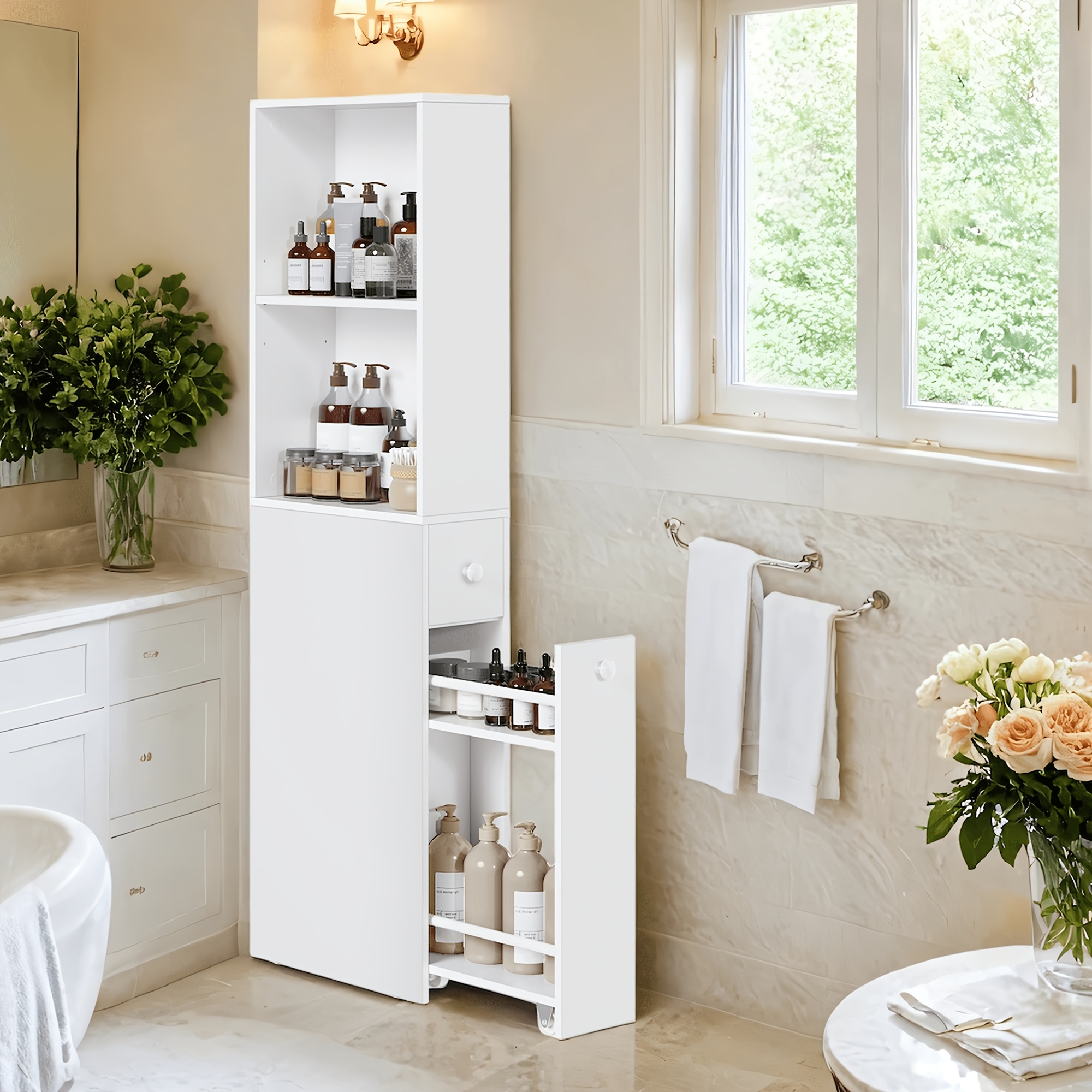 TEMU Tall Bathroom Cabinet, Slim Freestanding Storage Unit With 2 Drawers, 18 X 40 X 134.4 Cm, White