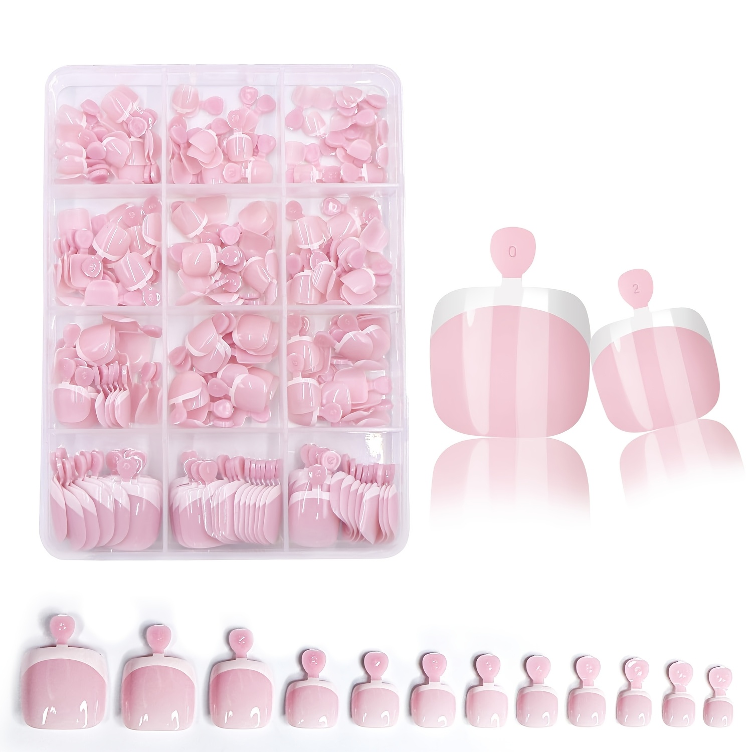 144pcs/box Press-on Square Fake Nails, Pink Full Coverage With White French Tip Design, 12 Different Sizes, Versatile For Summer Beach Wear