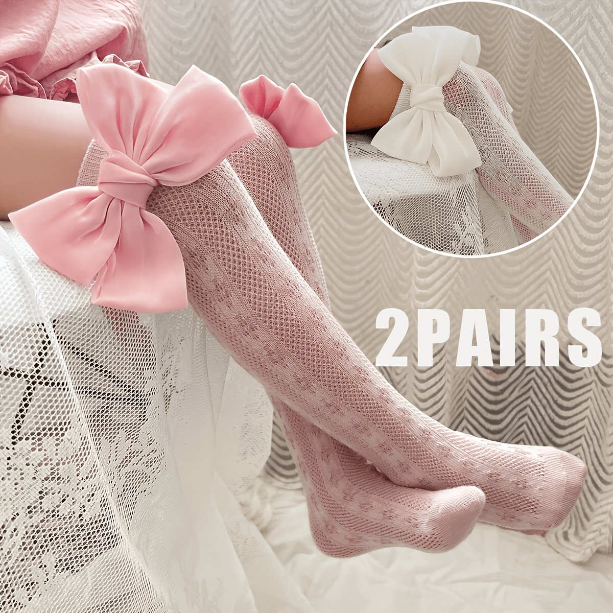 TEMU 2-pair Girls' Large Bow Mid-calf Fishnet Socks, Pink And White , Socks