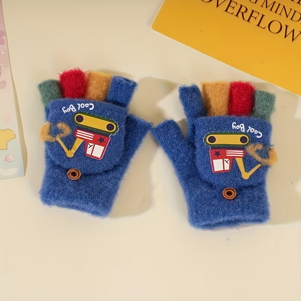 TEMU 2pcs Winter Small Size Gloves Cute Excavator Thickened Warm Half Finger Flip Gloves For Daily Wear And Outdoor Play, Available In A Of Colors,