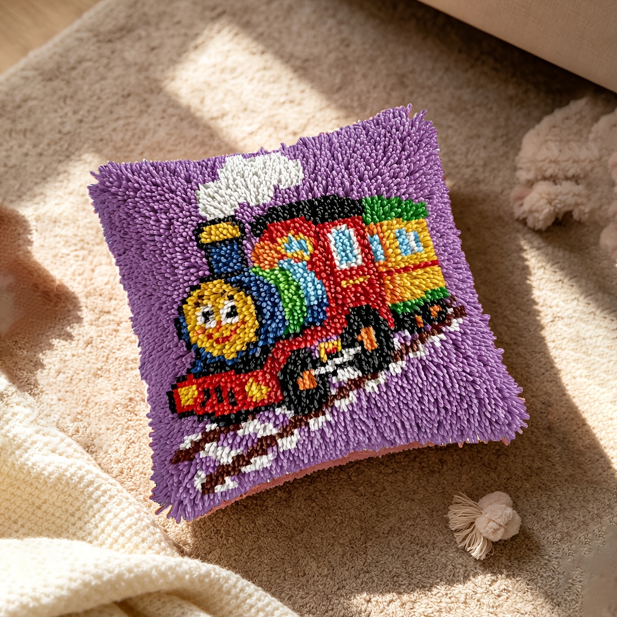 Handmade Pillow Latch Hook Kit with Train Pattern for Home Decor