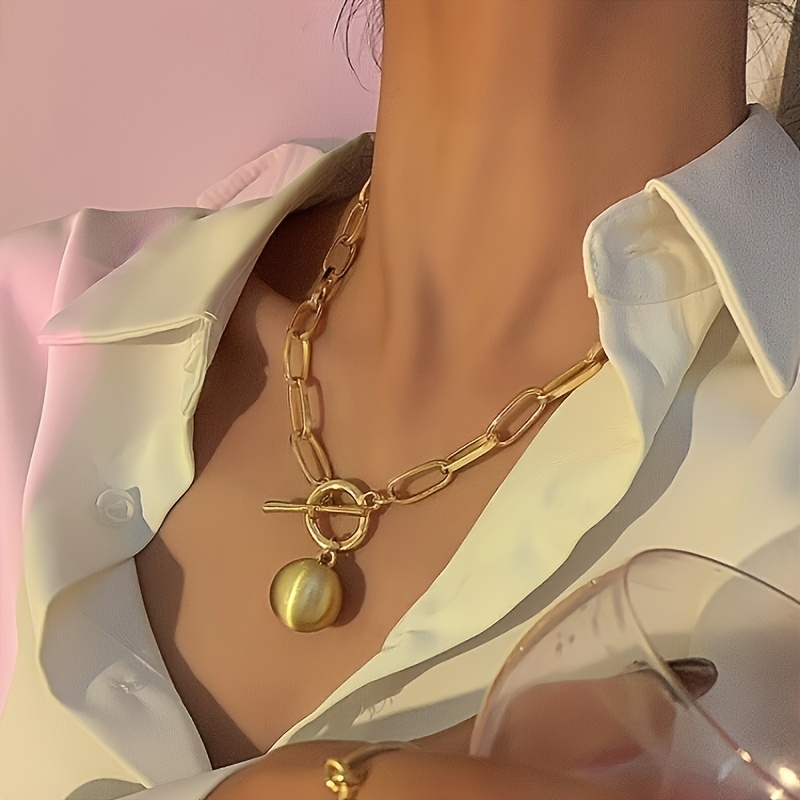 TEMU Stylish Thick Necklace For Women Featuring A Large Brushed Ball Pendant