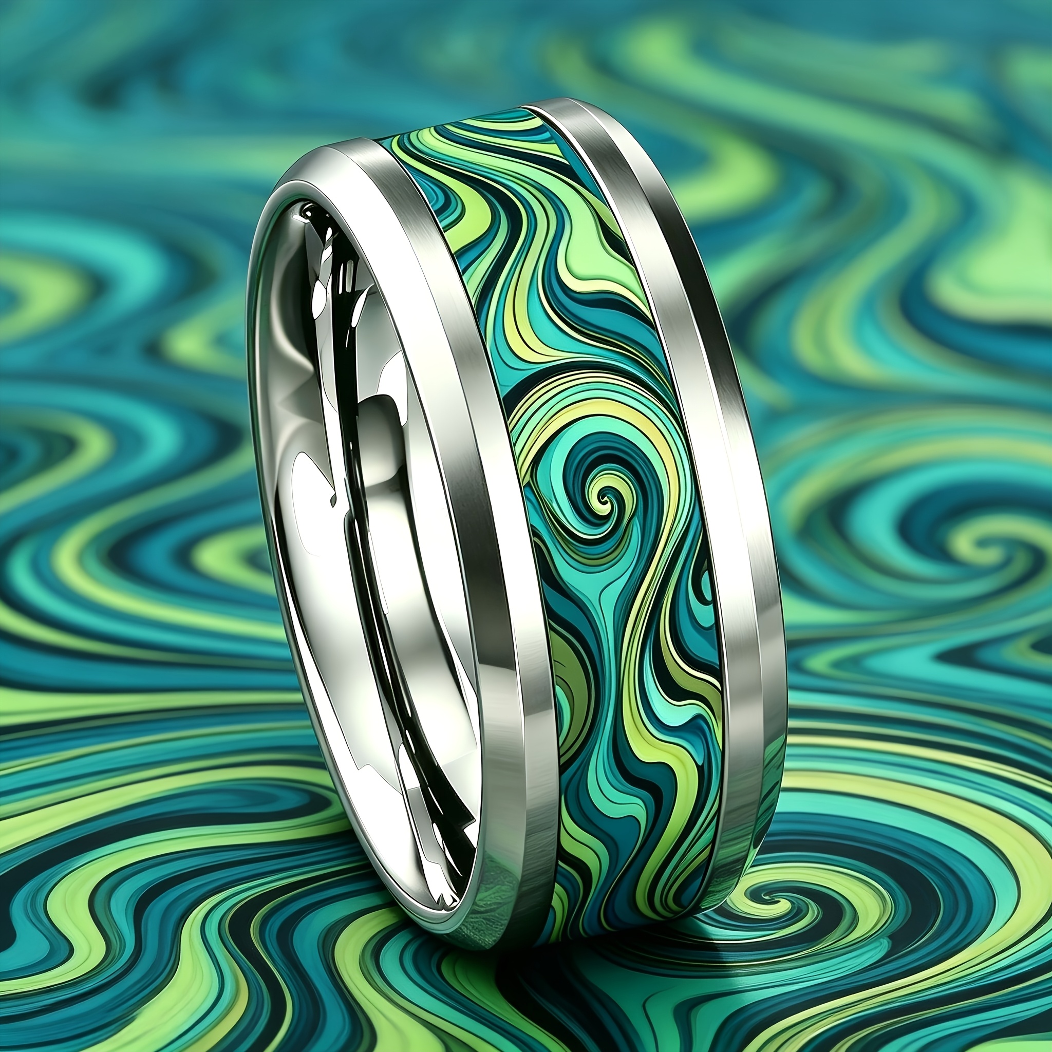 Mori Style Green Toned Vortex Ripple Stainless Steel Ring