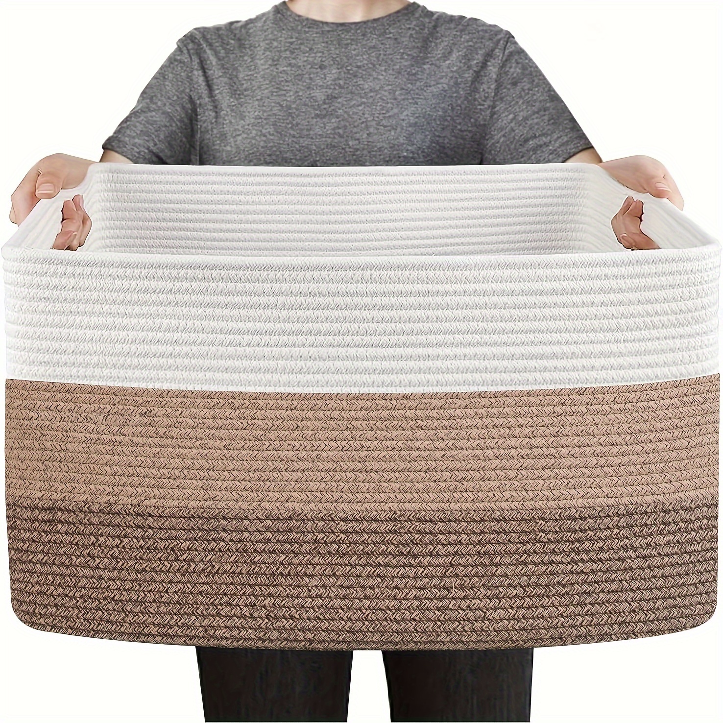 

Large Blanket Basket, 22"x17"x12"woven Dog Toy Storage Basket, Cotton Basket For Organizing With Handles For Living Room, Large Basket For Pillows, Blankets, Clothes, Toys