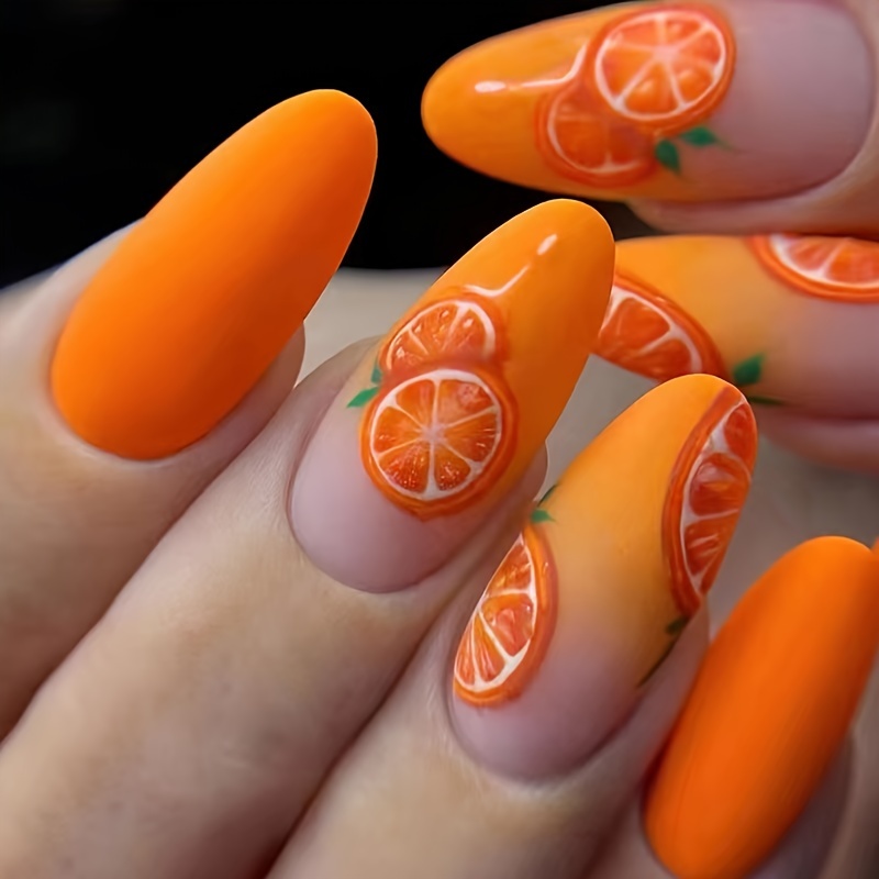 

24pcs Oval Orange Nail Art Press-ons, Matte Finish Fake Nails, Versatile & Elongating Pre-designed Manicure Set For Women Summer