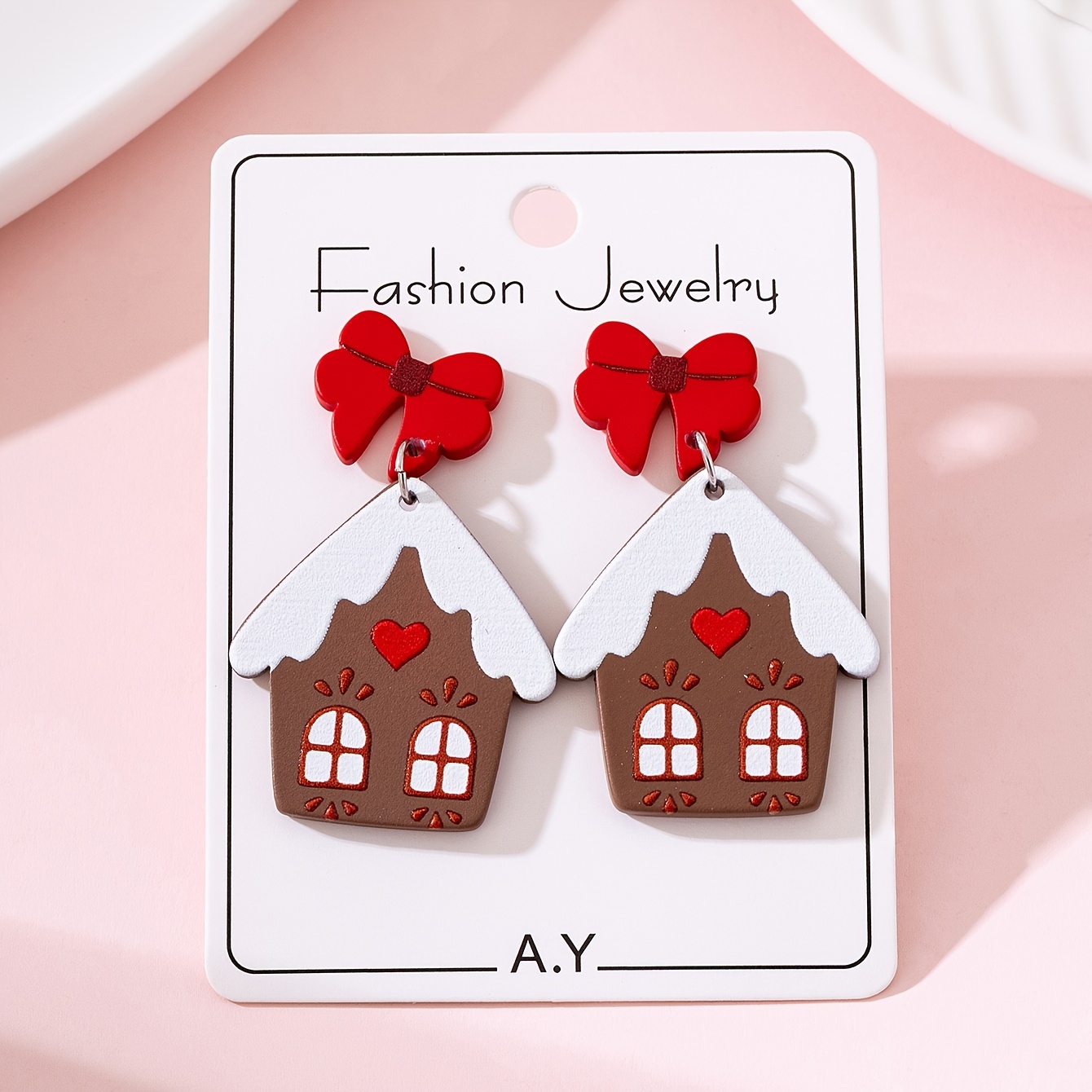 TEMU 1 Paire de Boucles d'Oreilles Bijoux de Mode pour Femme, Nœud de Noël Motif Maison, Parfait pour les Fêtes d'Année