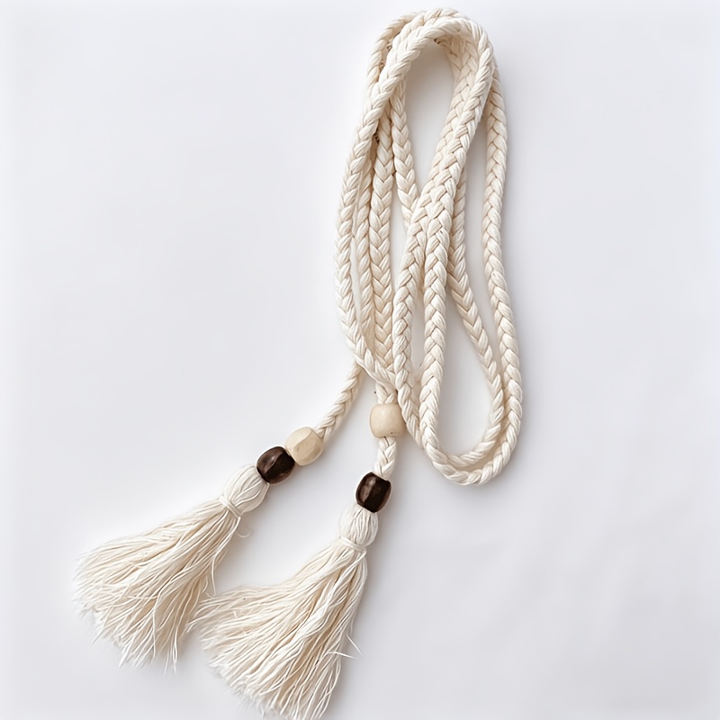 TEMU 1pc Women's Black And Beige Knotted Belt - Bohemian Style Waist Rope With Tassel Detail, Perfect For Casual , Beach , And Everyday Wear,
