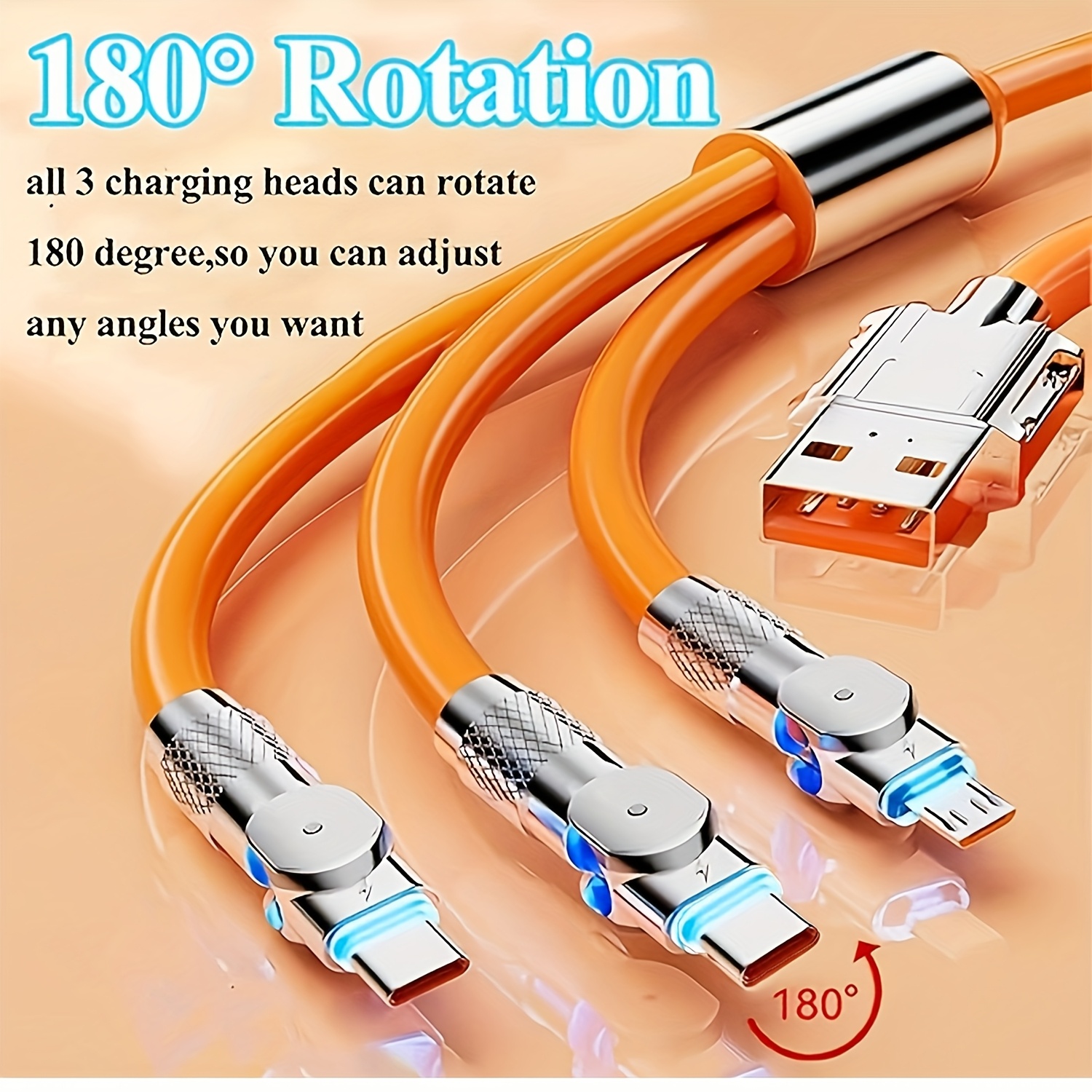 

3-in-1 Charging Cable 120 With 180° Adjustable Alloy Connector, Soft Led Indicator, , Orange Silicone C Charger Design, Compatible With Usb C Charger Cables