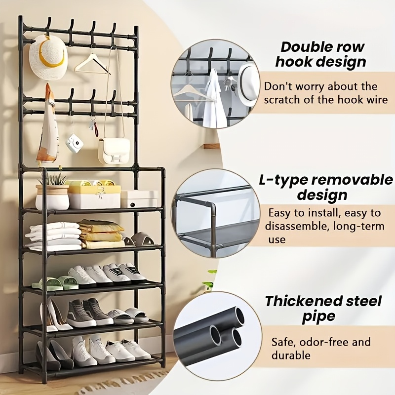 

Christmas Shoe Rack With 8 Removable Hooks, A 3-in-1 Metal Entry Shoe Rack, A Shoe And Hat Holder, Suitable For Settings To Store Clothes, Shoes, Hats, And Bags.